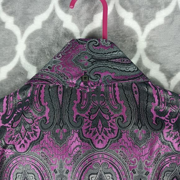 Angelino for Bermuda Men Shirt Men Size 5XL Purple Black Paisley Brocade Flashy - Picture 12 of 14